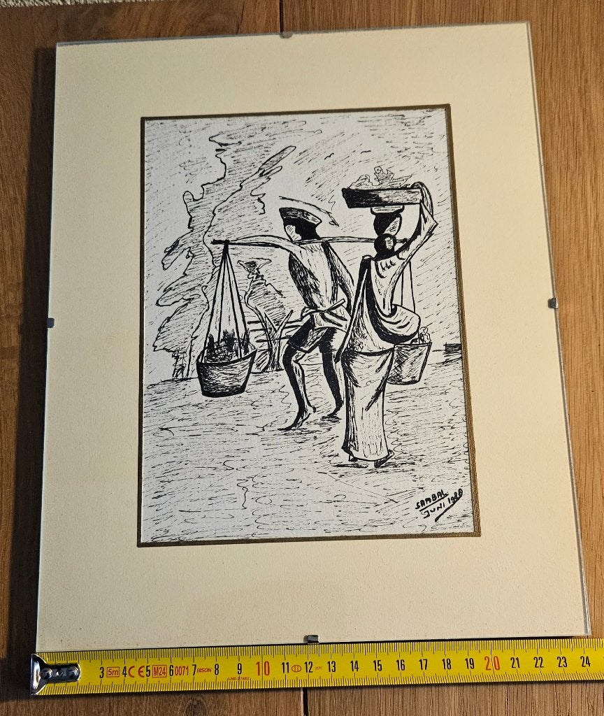 Pentekening 24x30 gave vintage gesigneerd SAMBAL - juni 1980, Ophalen of Verzenden, Ets, Overige technieken, Handgemaakt