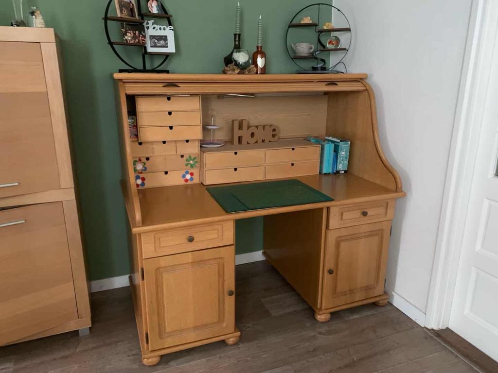Massief eikenhouten secretaire – bureau met rolluik en lades, Ophalen, Gebruikt, Secretaire, Bruin