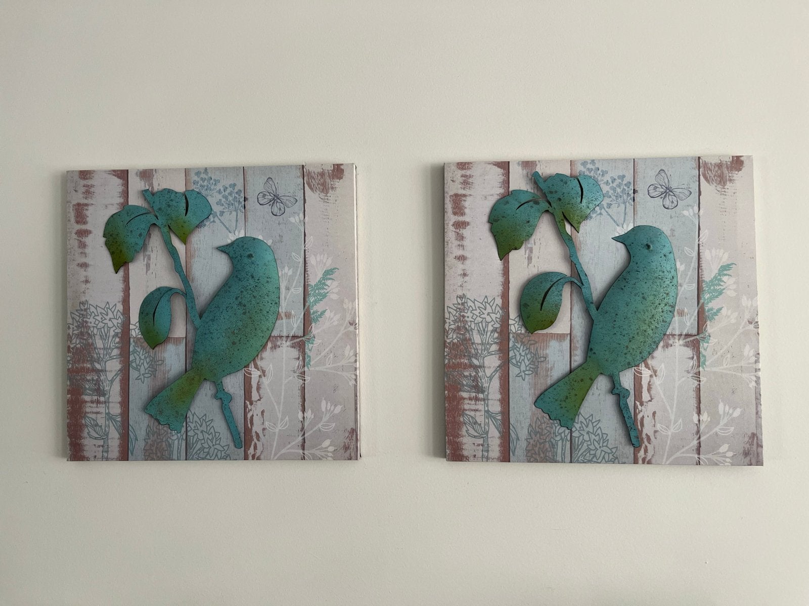 Set van 2 vintage wanddecoraties met vogels en bladeren, Huis en Inrichting, Hout, Meerkleurig, Ophalen of Verzenden, Zo goed als nieuw