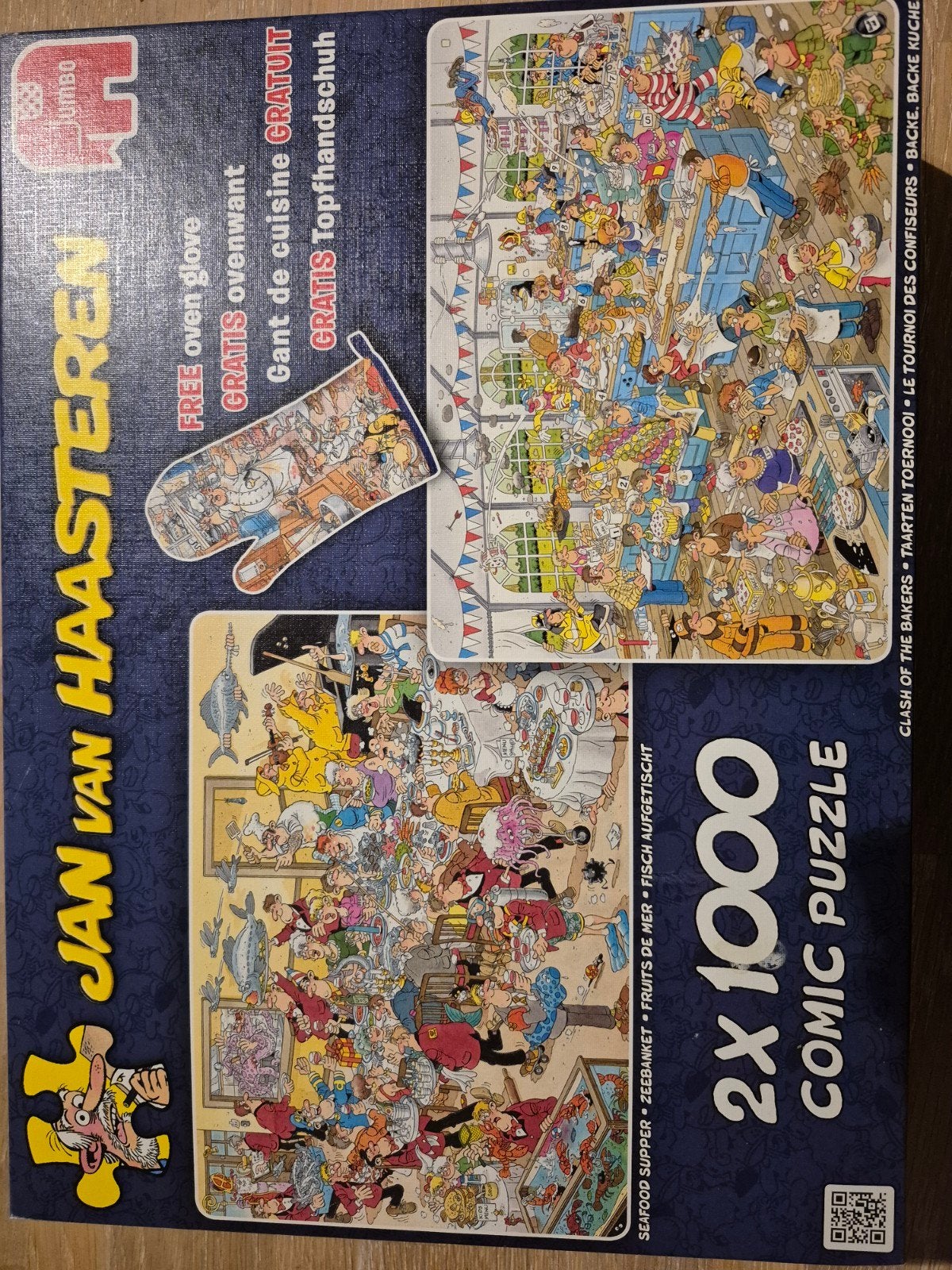 Jan van Haasteren 2x1000 stukjes puzzel + ovenwant, Ophalen, 500 t/m 1500 stukjes, Nieuw, Legpuzzel