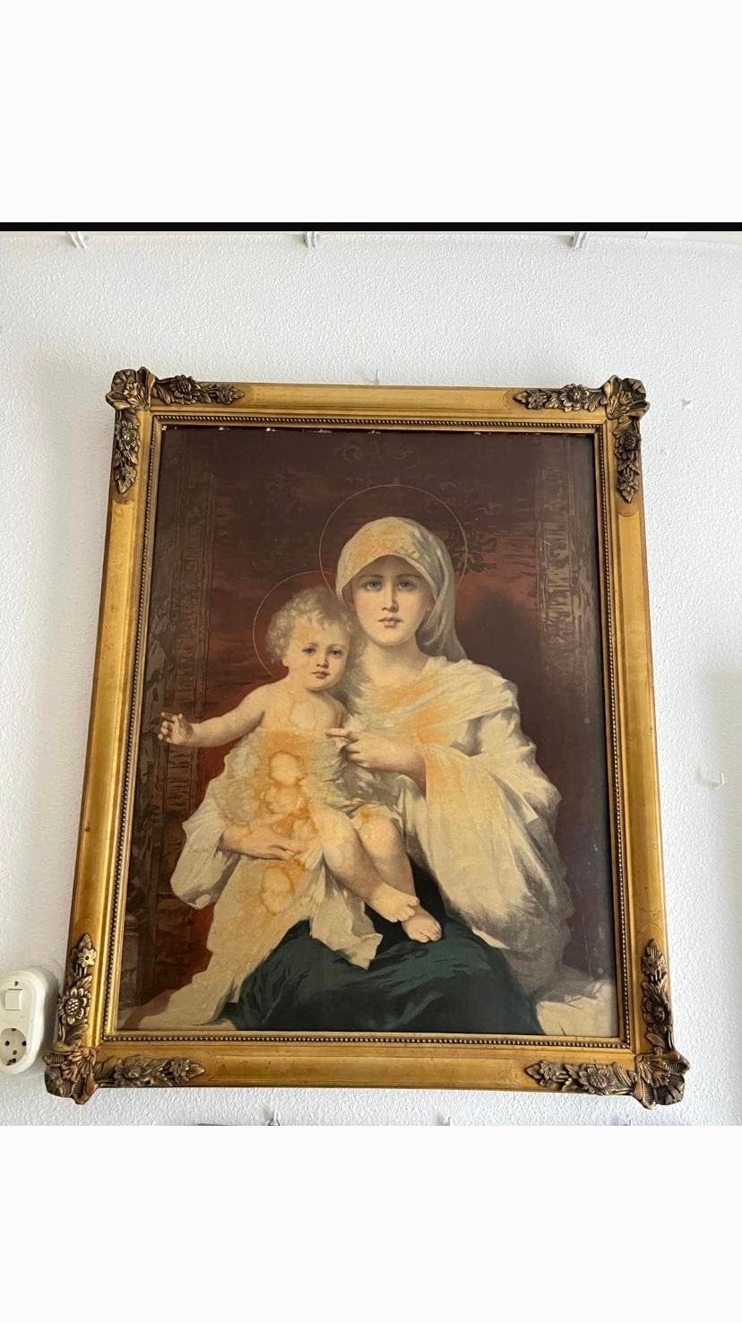 Madonna met Kind in sierlijke lijst, Antiek en Kunst, Kunst | Schilderijen | Klassiek, Doek, Portret of Personen, Bijzondere lijst