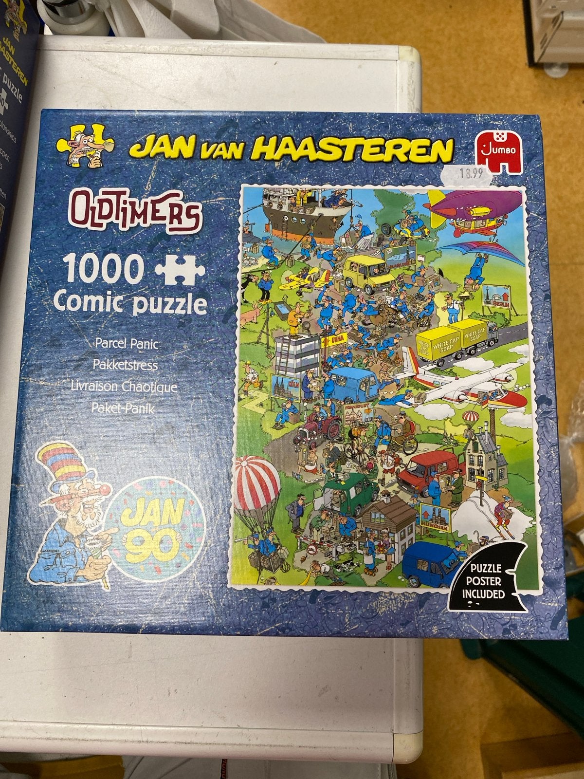 Jan van Haasteren Oldtimers 1000 stukjes - Parcel Panic, Ophalen of Verzenden, 500 t/m 1500 stukjes, Zo goed als nieuw, Legpuzzel