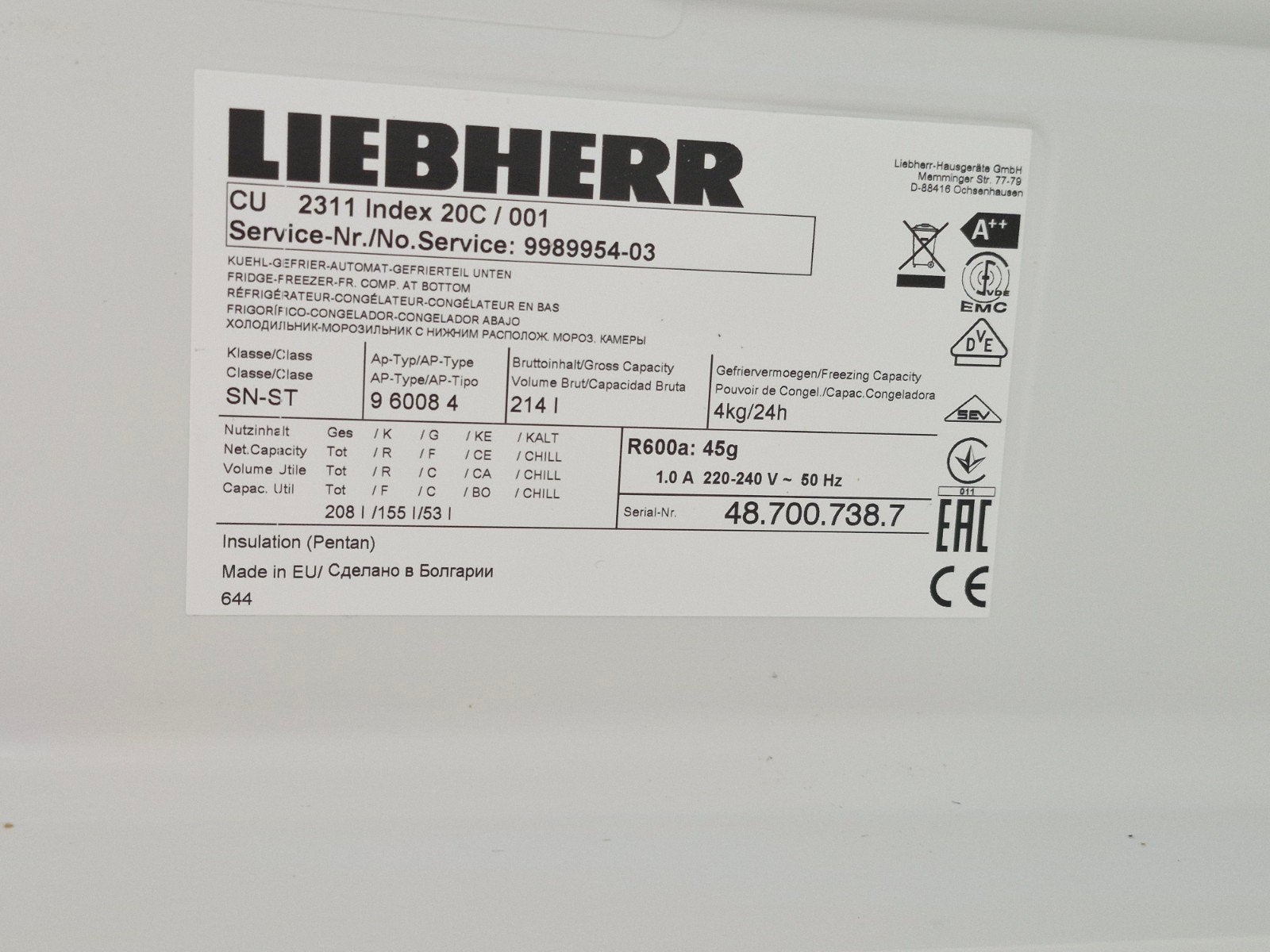 Liebherr CU 2311 Koelkast met vriesvak - Wit, Witgoed en Apparatuur, Ophalen, Gebruikt, 200 liter of meer, Energieklasse A of zuiniger