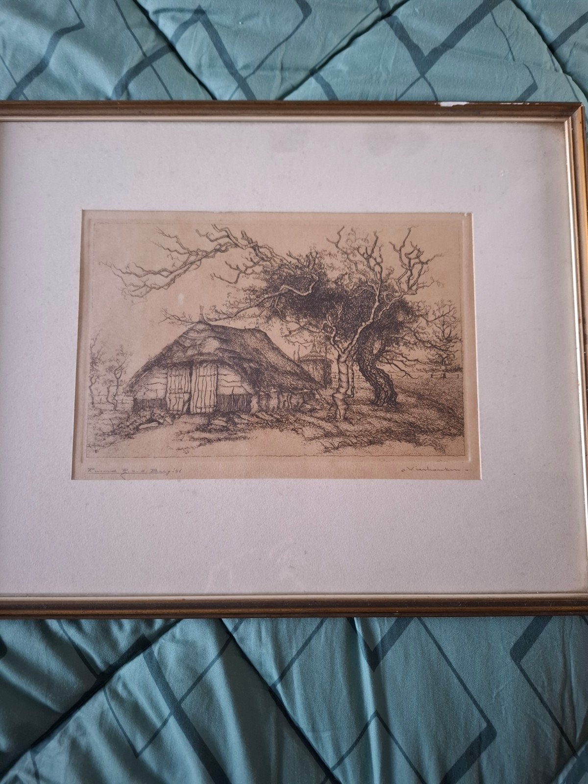 Ets van Ruurd R. v.d. Berg, '46 - Boerderij met boom, Ets, Ophalen of Verzenden, Gesigneerd, Landschap
