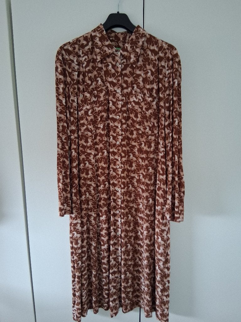 Benetton jurk met paardenprint mt.XL *ZGAN*, Kleding | Dames, Jurken, Ophalen, Bruin, Benetton, Maat 46/48 (XL) of groter
