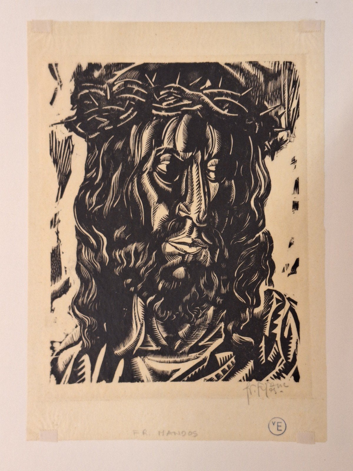 Houtsnede Christus door Fr. Mandos, Religie, Ophalen of Verzenden, Gesigneerd, Houtsnede