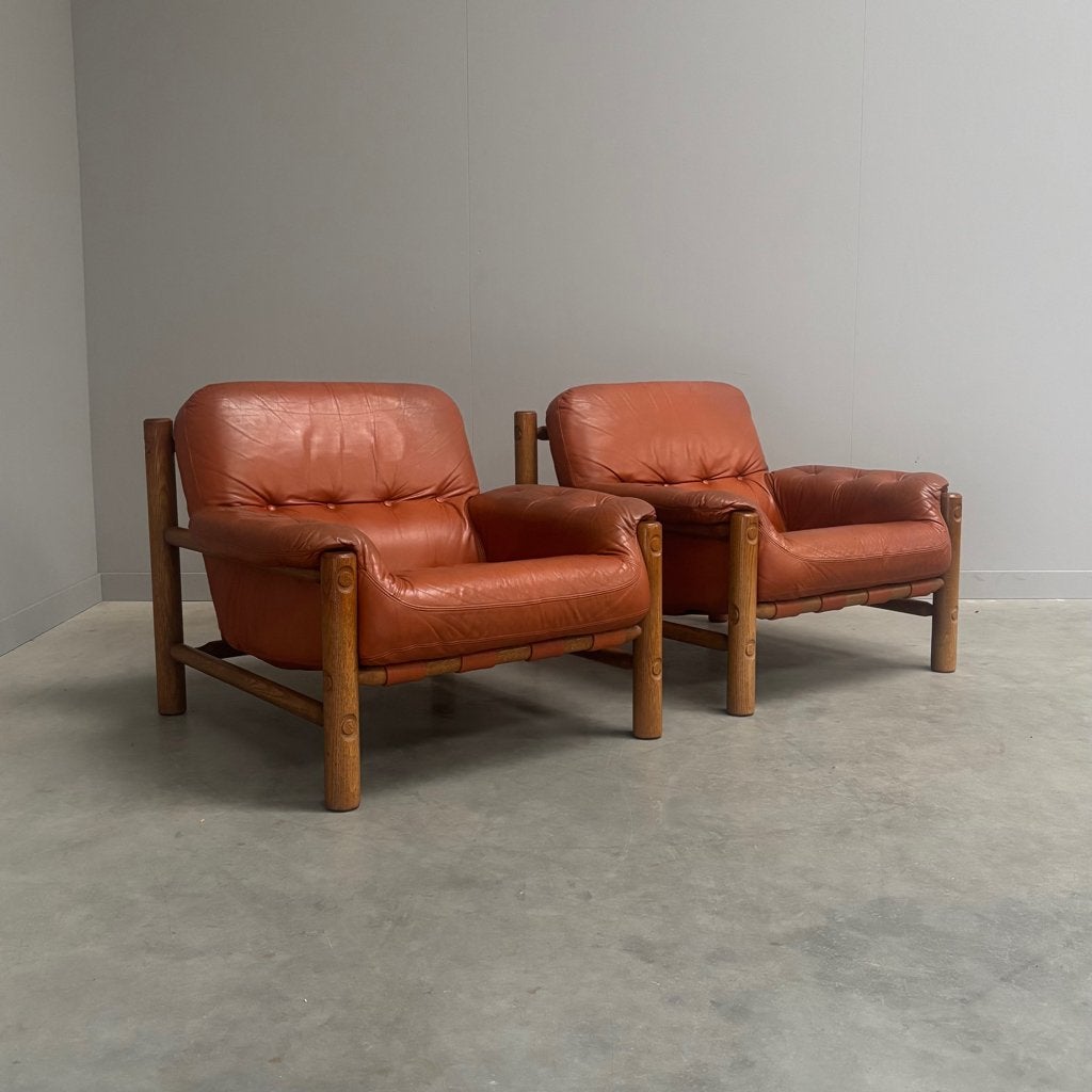 Braziliaanse stijl vintage leren fauteuils jaren 60 70, Huis en Inrichting, Ophalen of Verzenden, 50 tot 75 cm, Gebruikt, Vintage design