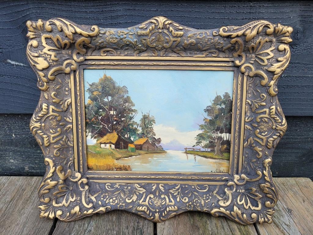 Paneeltje 'Boerderij aan het water ' 18 x 24 gesigneerd, Antiek en Kunst, Kunst | Schilderijen | Klassiek, Ophalen of Verzenden