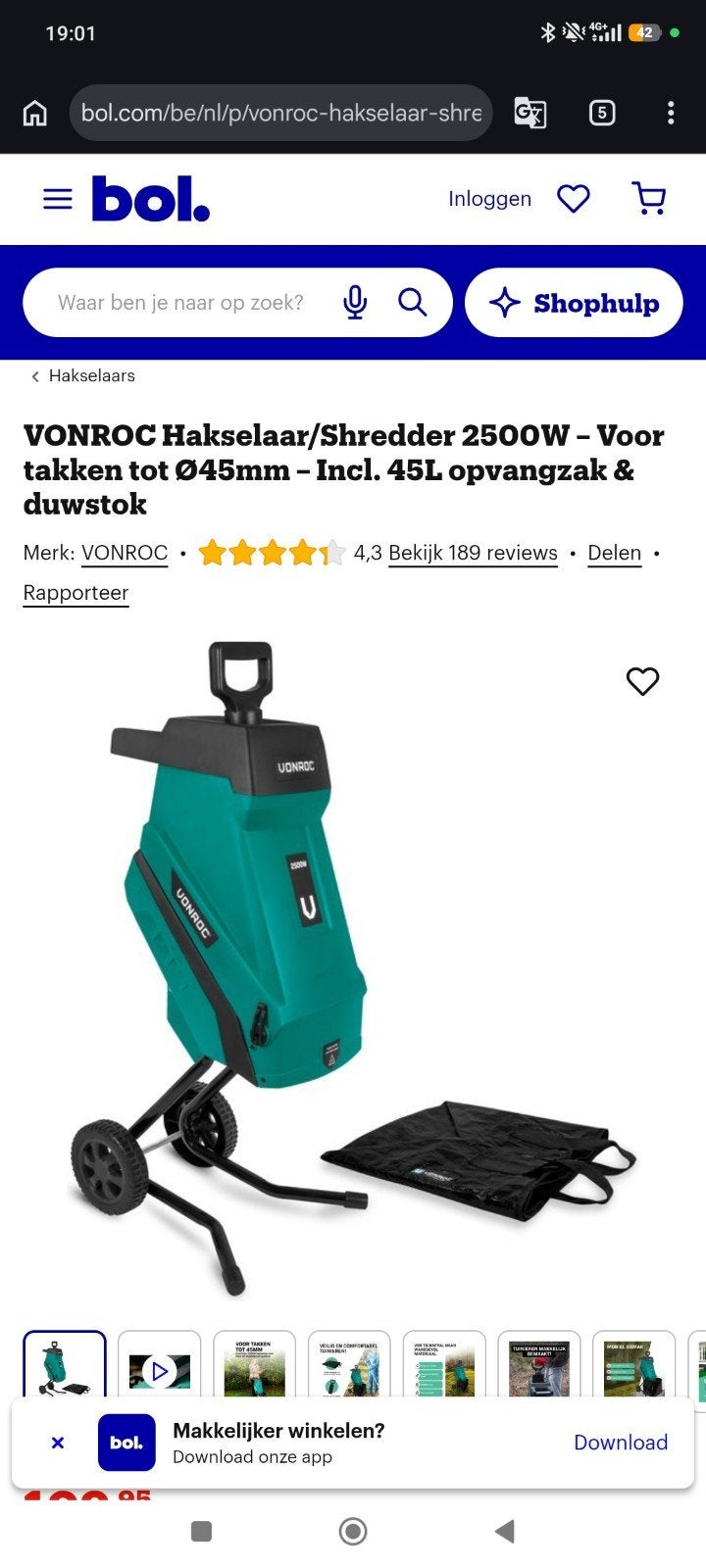 VONROC Hakselaar/Shredder 2500W - 45L opvangzak, Tuin en Terras, Zo goed als nieuw, Met opvangzak, Elektrisch, Ophalen