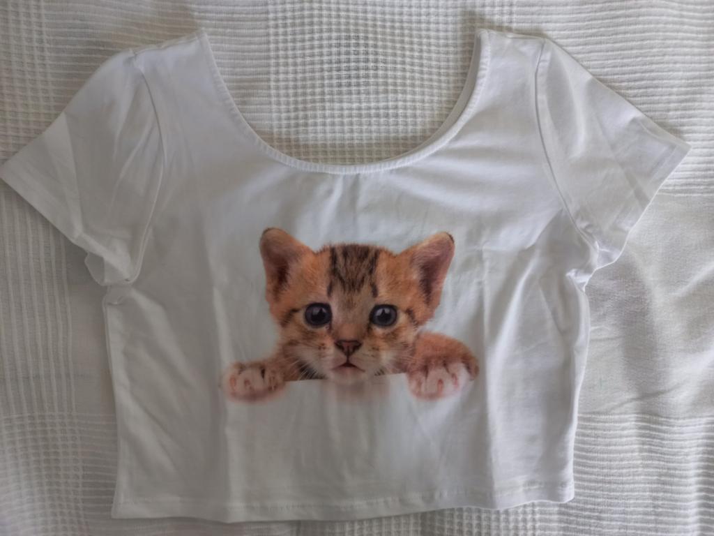 Kort T-shirt met print van een poes, maat L, Ophalen of Verzenden, Zo goed als nieuw, Korte mouw