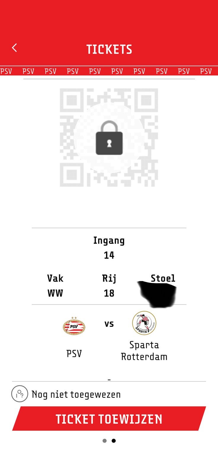 Ticket/kaartje PSV-Sparta, Losse kaart, Eén persoon, September