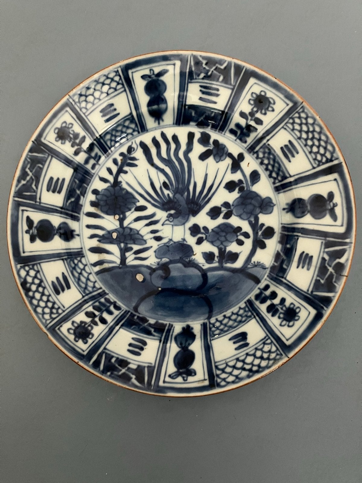 Antiek Chinees Blauw-Wit Porseleinen Bord met Feniks, Ophalen of Verzenden