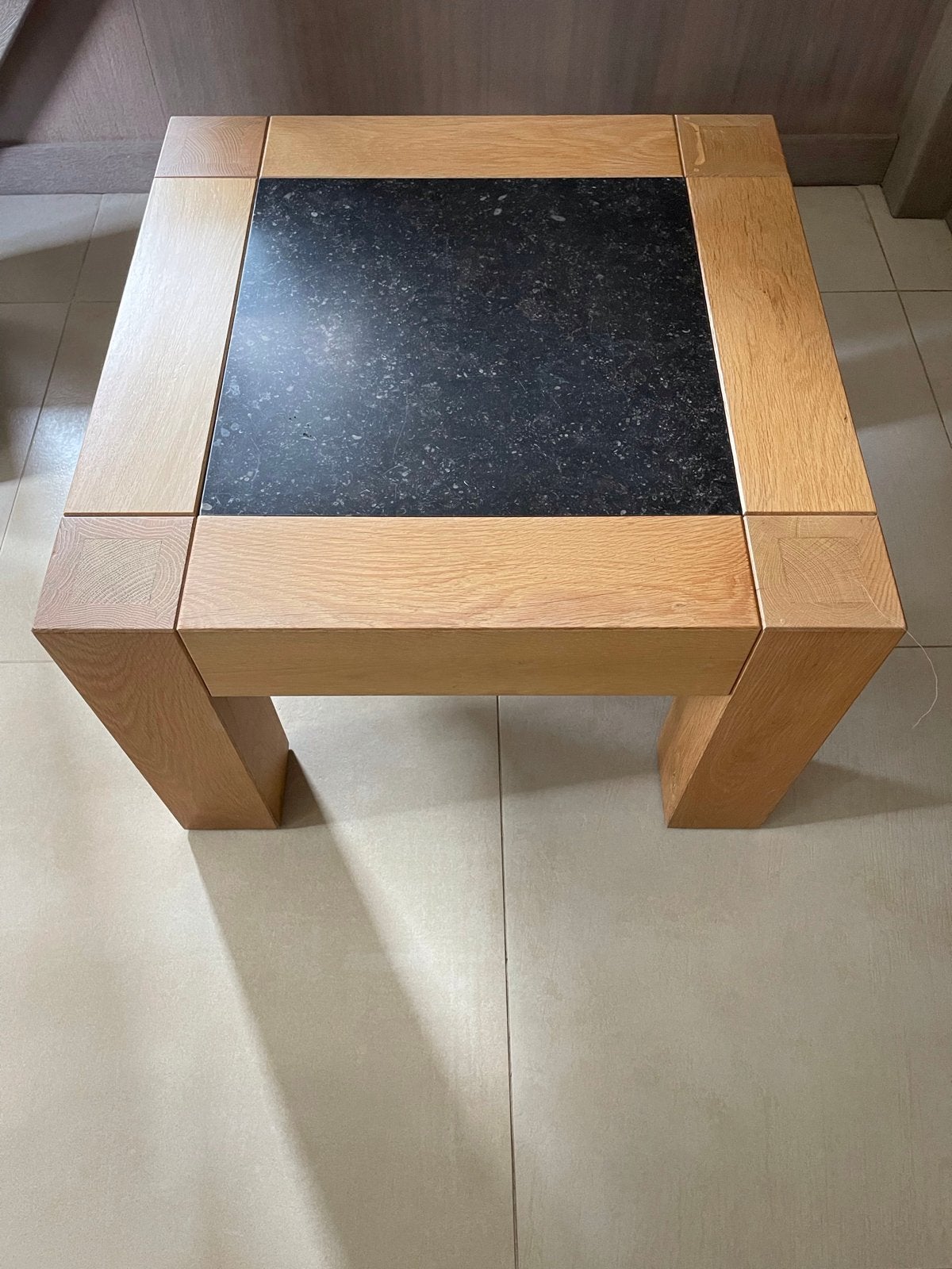 Bijzettafel / salontafel van eikenhout met inleg leisteen, Gebruikt, Vierkant, 75 cm of meer, Ophalen
