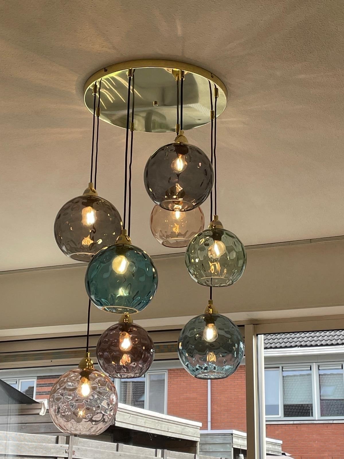Made hanglamp met gouden plaat en gekleurde bollen, Ophalen, Zo goed als nieuw, Metaal