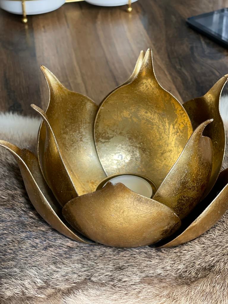 Gouden lotus theelichthouder, Ophalen, Gebruikt, Overige kleuren, Metaal