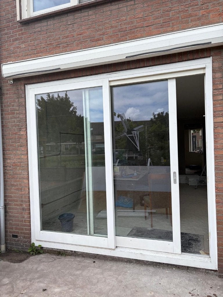 Hardhouten hef schuifpui 269 x 255 en raamkozijn 149 x 135, Ophalen, Gebruikt, 225 cm of meer, Inclusief glas