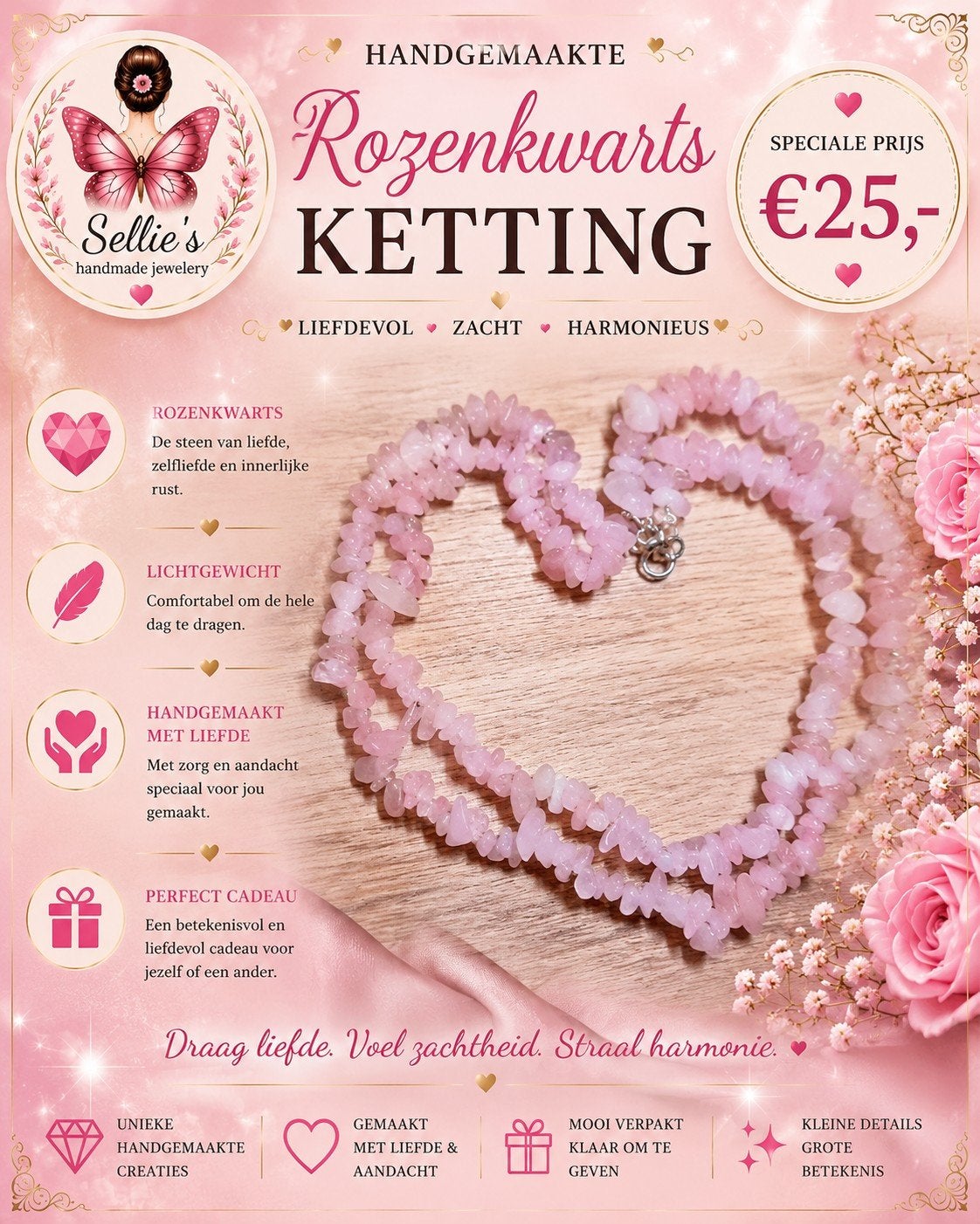 🦋 Sellie's handmade jewelery 🦋, Sieraden, Tassen en Uiterlijk, Kettingen, Nieuw, Ophalen of Verzenden, Steen of Mineraal, Roze