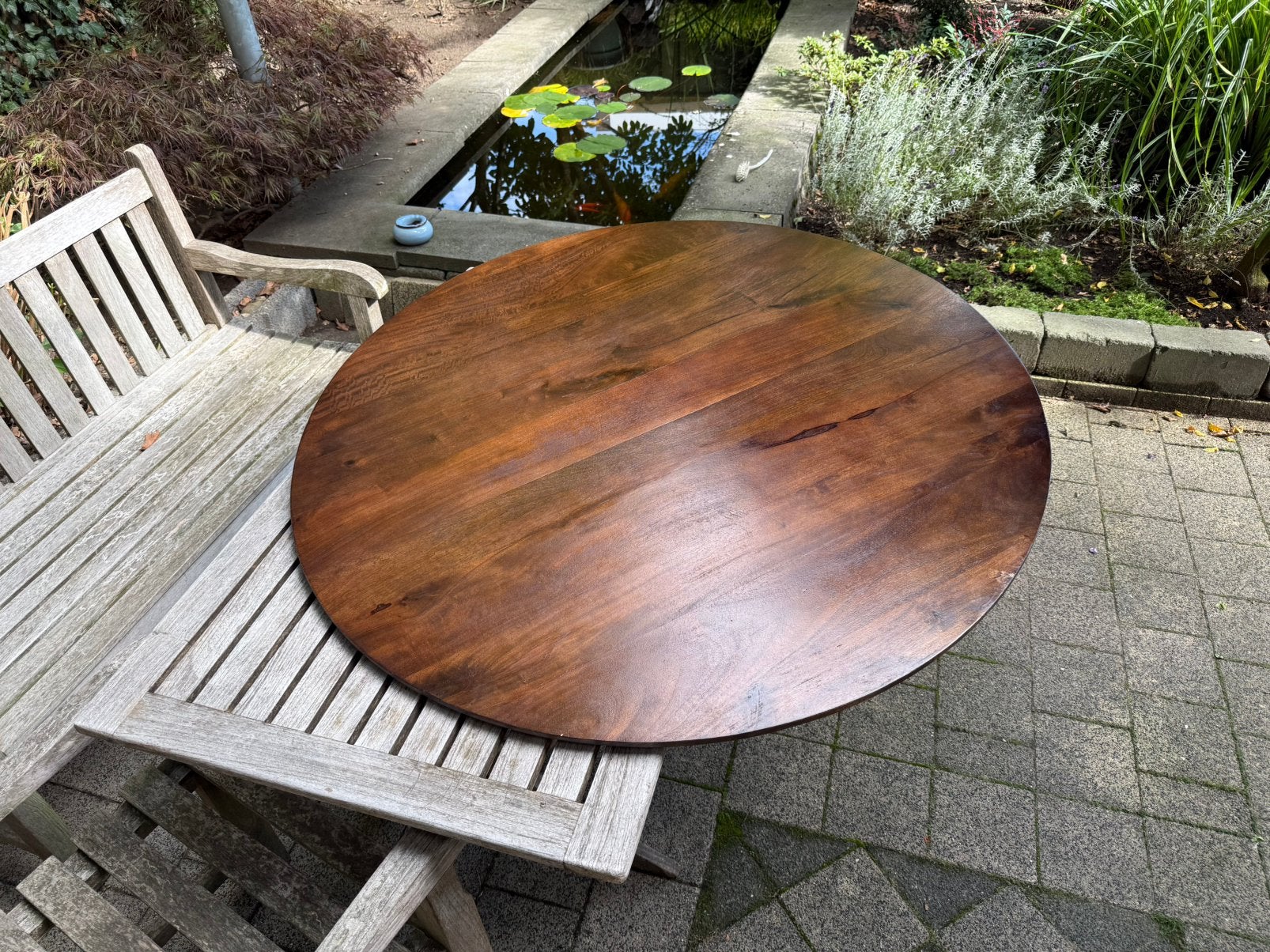Tafelblad walnoothout rond 120cm, Tuin en Terras, Ophalen, Zo goed als nieuw, Rond, Hout