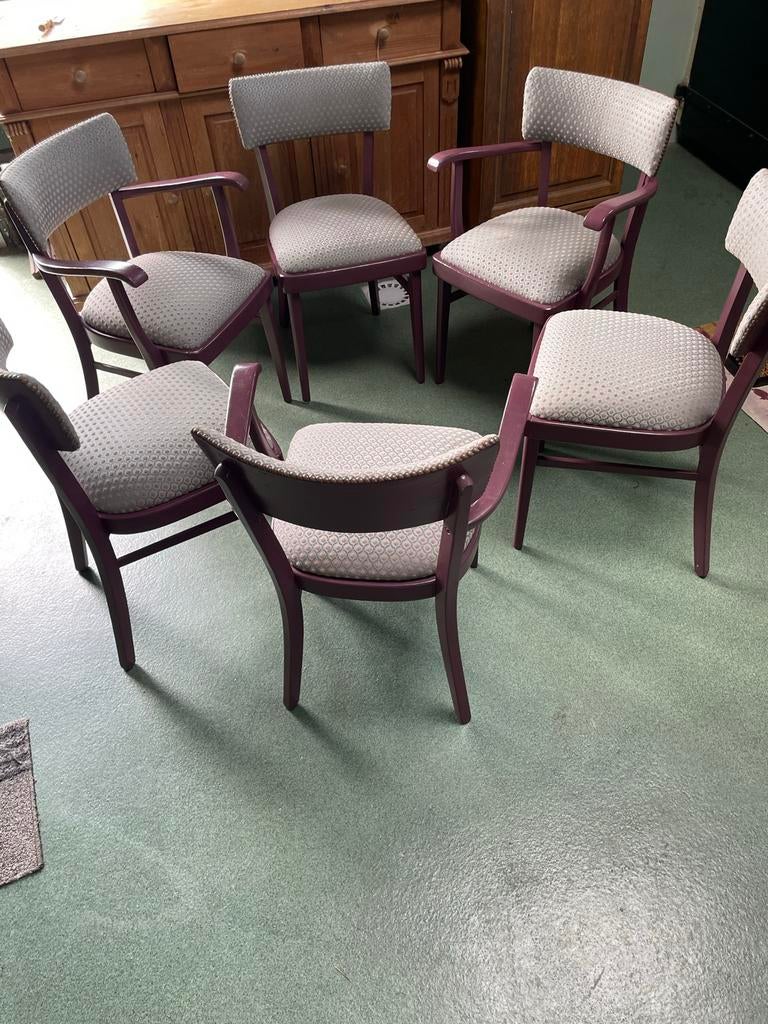 Set van 6 vintage eetkamerstoelen, paars, Ophalen, Gebruikt, Jaren 30, Stof