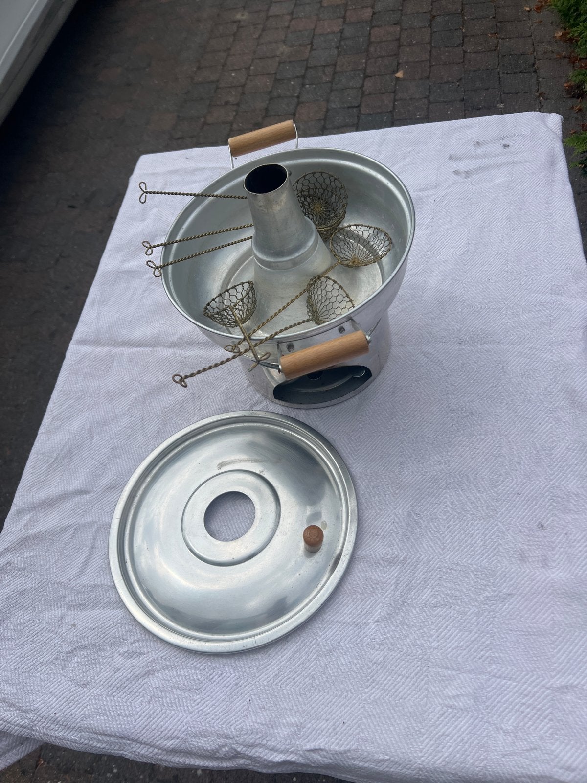 Vintage Hotpot/Fondue set met 6 zeefjes, Ophalen, Zilver, Metaal, Overige merken