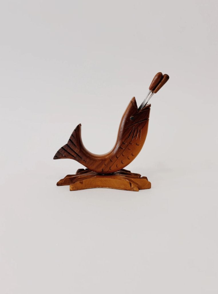 VINTAGE HOUTEN VIS MET COCKTAILPRIKKERS, Huis en Inrichting, Overige materialen, Gebruikt, -, -