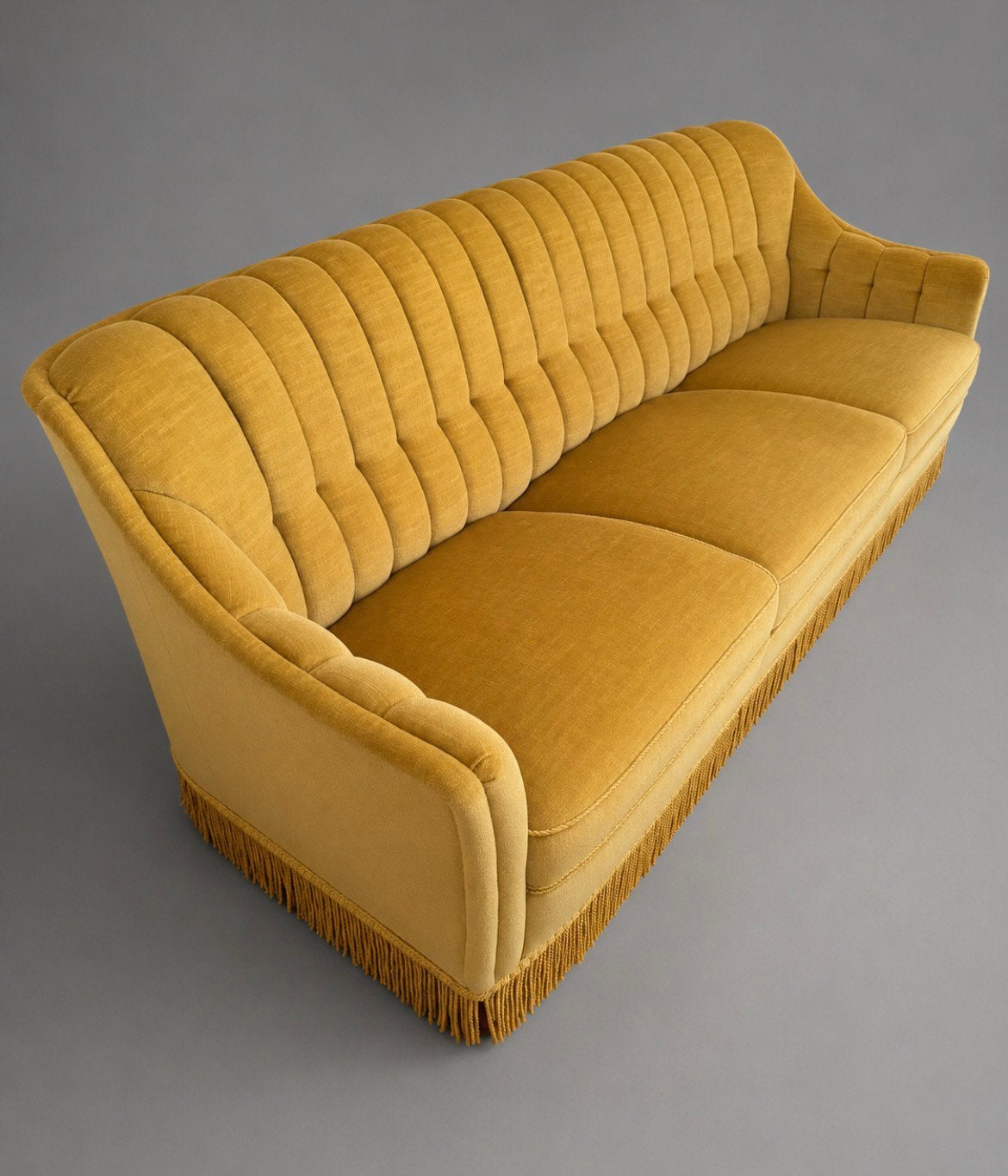 Vintage bank fauteul retro bankstel Mohair Geel/Goud Franjes, Ophalen, Zo goed als nieuw