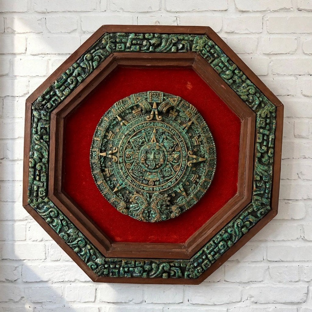 Vintage Azteekse Kalender Wandplaque -  Mexico 60's - 35cm, Ingelijst, Mexico, Ophalen of Verzenden, 35 cm