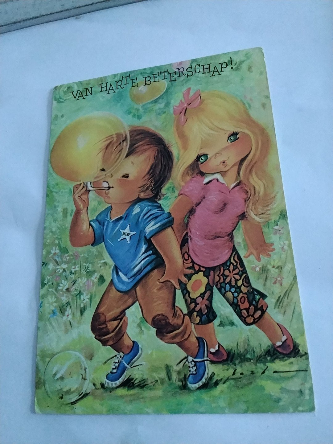 Vintage Beterschapskaart met Kinderen en Bellenblaas, Verzamelen, Ophalen of Verzenden, 1960 tot 1980, Gelopen