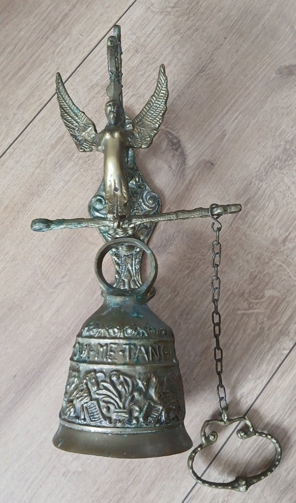 Antieke koperen kloosterbel met een engelenfiguur, Ophalen of Verzenden, Koper