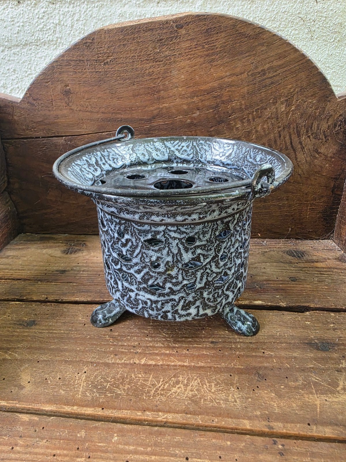 Grijs gewolkte emaille warmhouder/theelicht, Ophalen of Verzenden