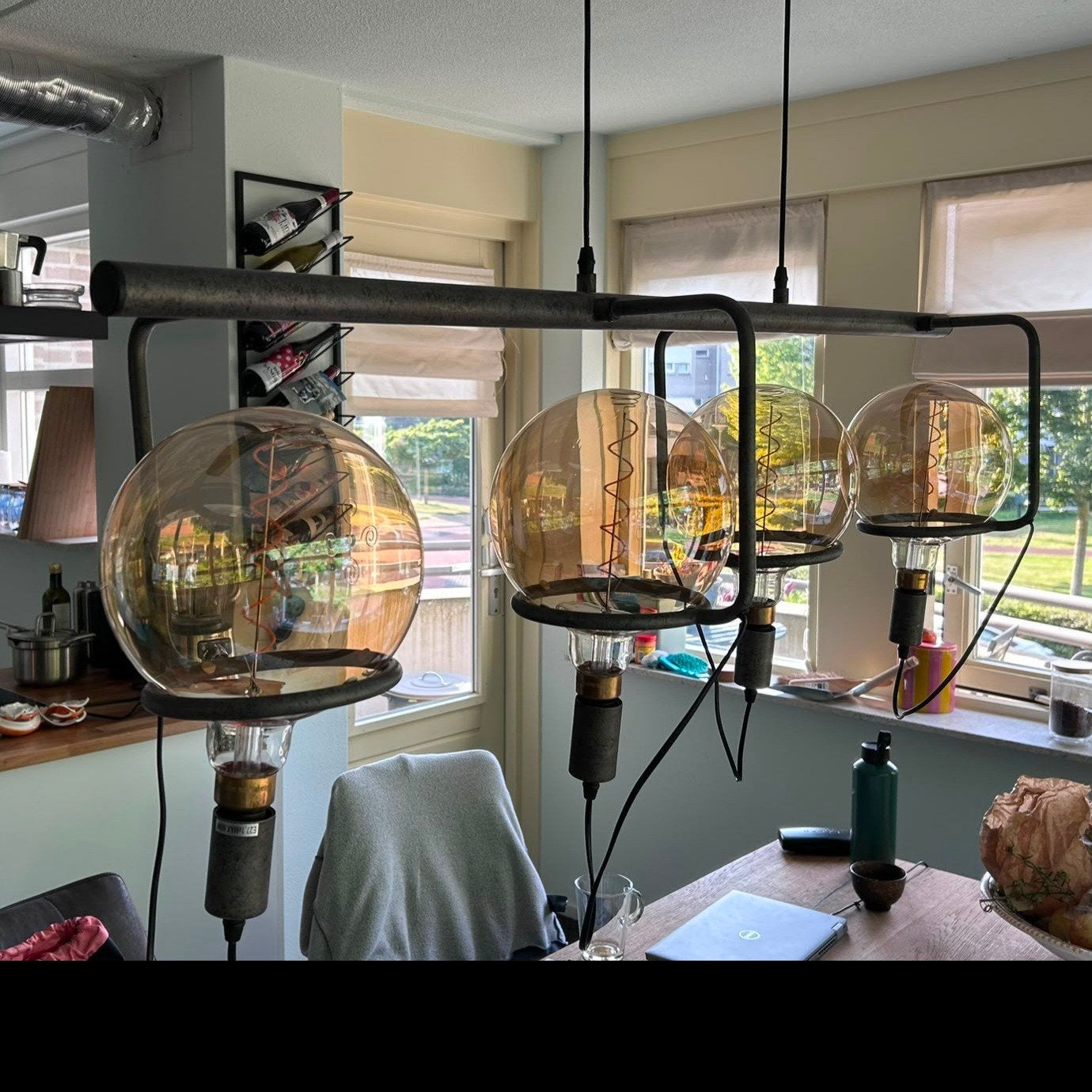 Industriële plafondlamp met 4 grote LED filament bollen, LED, Zo goed als nieuw, Plafondlamp, Grijs
