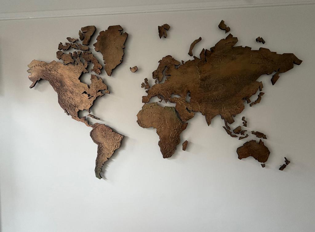 Exclusieve wereldkaart goud-brons van Offerbeek World of Art, 175 cm, Hout, Decoratieobject, 100 cm
