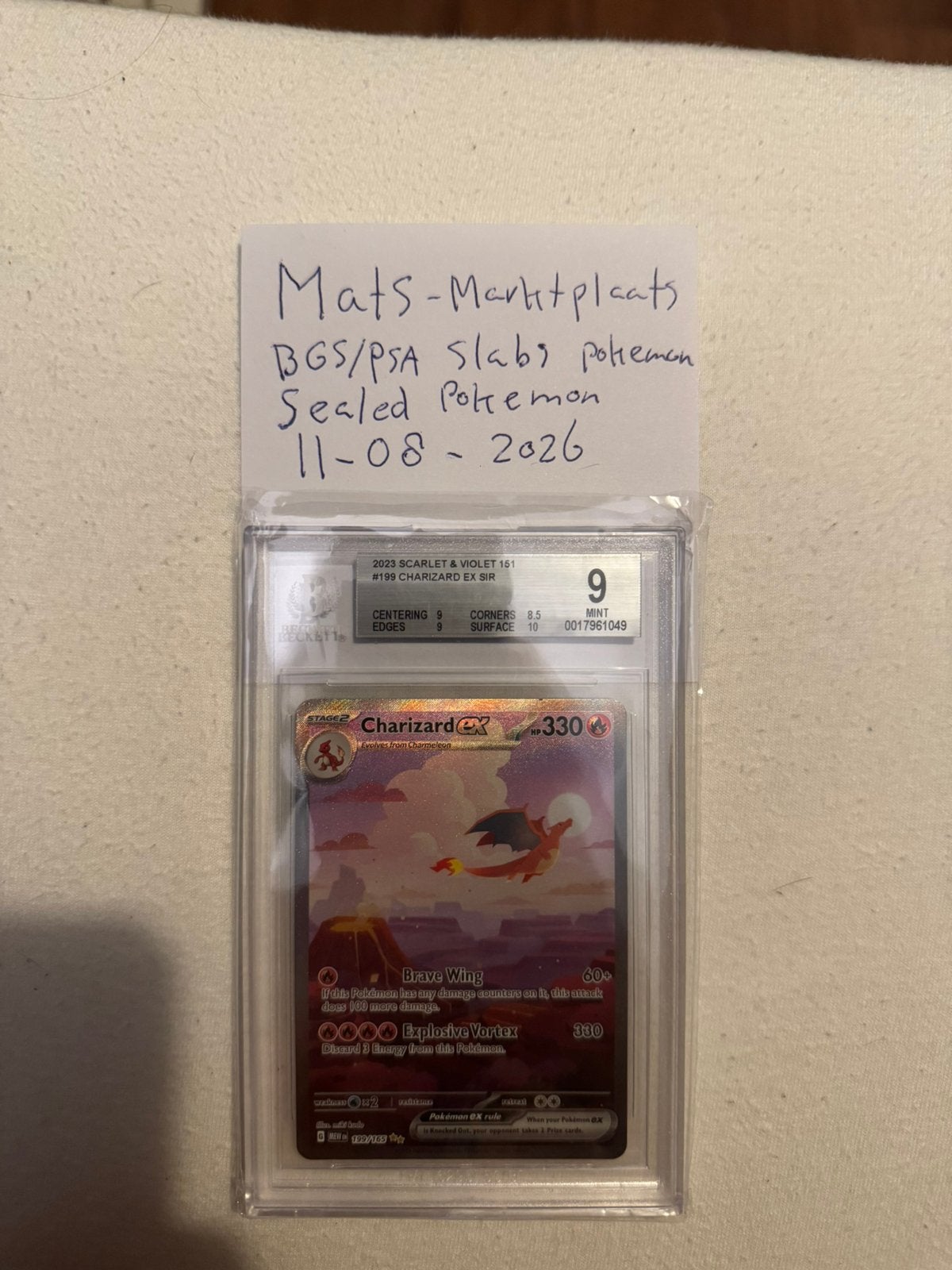 Charizard ex 199 BGS 9 Pokemon 151 set Chase Beckett Grading, Ophalen of Verzenden, Zo goed als nieuw, Losse kaart, Foil