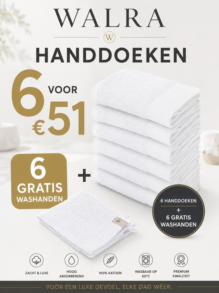 6 badhanddoeken + 6 washanden gratis, Verzenden, Wit, Nieuw, Info@cenmwebshop.nl