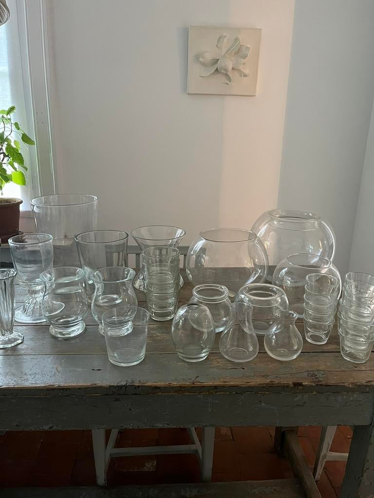 GROTE COLLECTIE VAZEN GLAS GLASWERK VEEL KEUZE!, Overige kleuren, Ophalen of Verzenden, Minder dan 50 cm, Glas