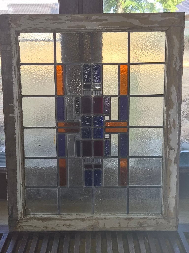 Art Deco Glas-in-loodraam 1930 Amsterdamse School Artikel 1, Meerkleurig, Handgemaakt, 71 cm, Ophalen