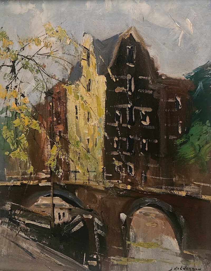 Olieverfschilderij: Grachtenhuis met brug, gesigneerd, Antiek en Kunst, Doek, Realistisch, Ophalen of Verzenden, Stads- / dorpsgezicht