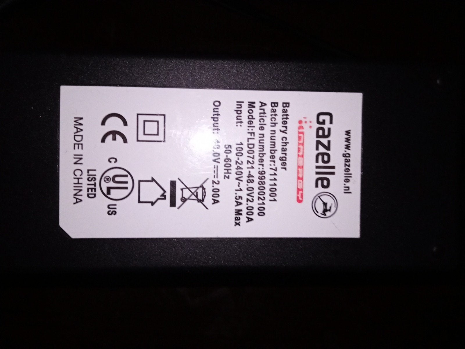 Gazelle E-bike Oplader 48.0V 2.0A - Model FLD0721, Ophalen of Verzenden, Gebruikt