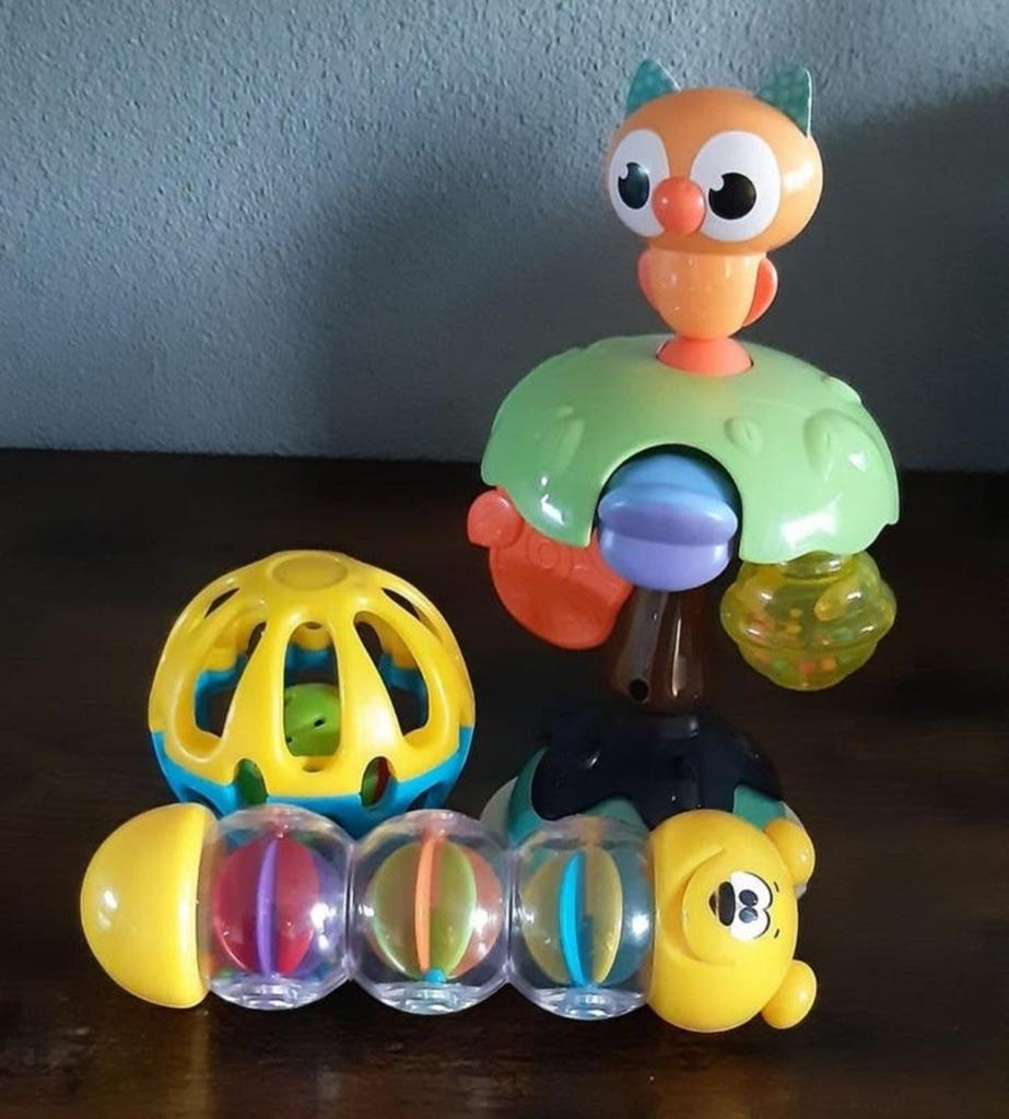 Leuke set babyspeelgoed: uil, rups en bal, Ophalen of Verzenden, Zo goed als nieuw, Rammelaar, Met geluid