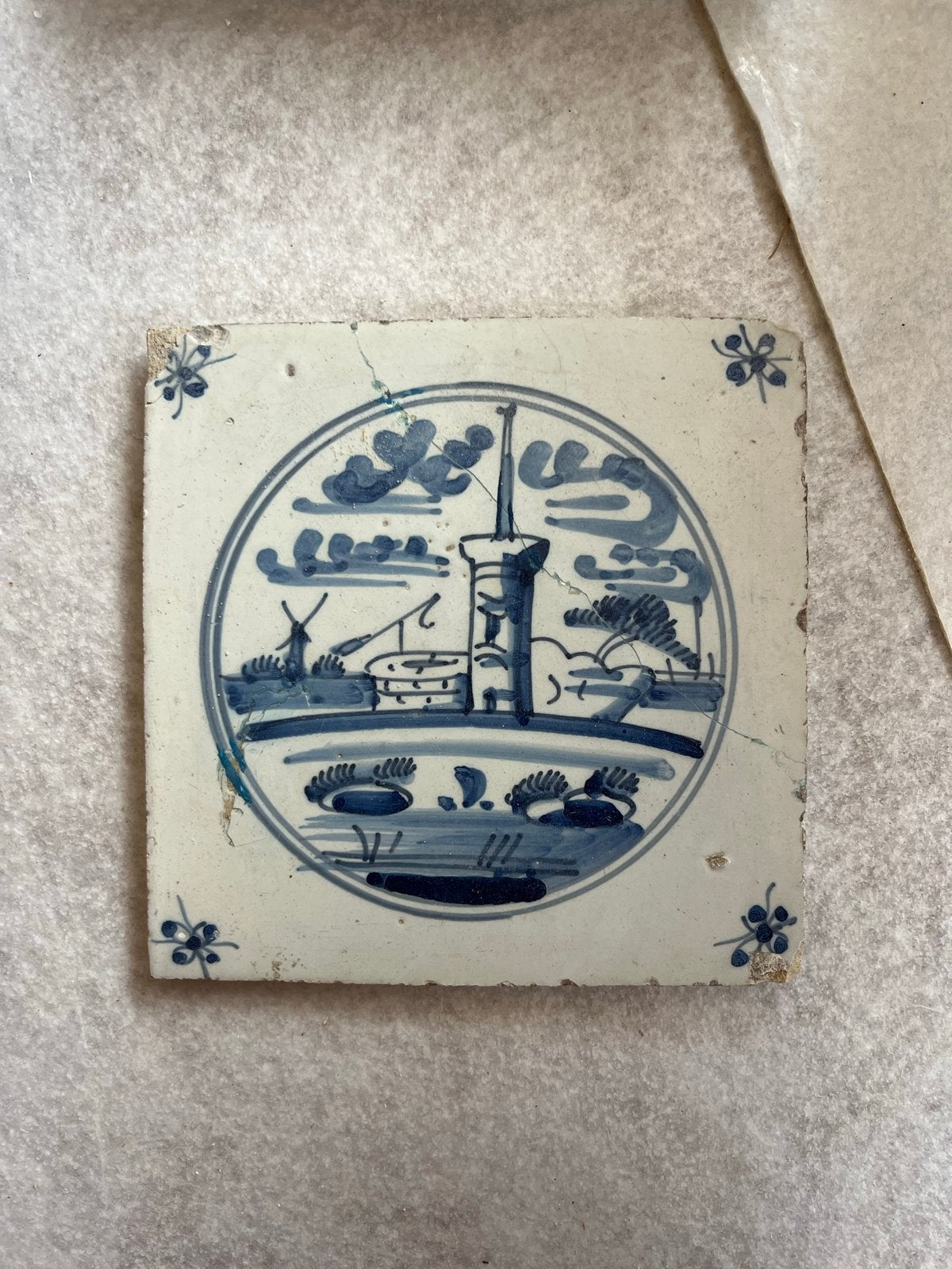 Antieke Delfts Blauwe Tegel met Landschap en Molen, Ophalen of Verzenden