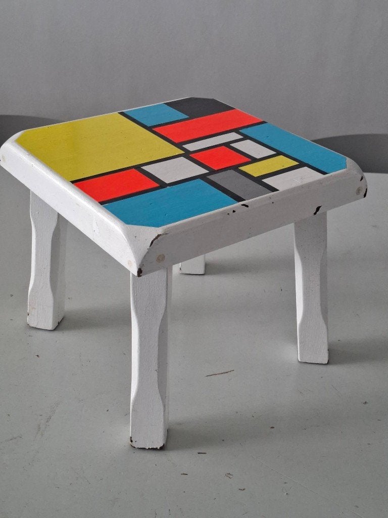 vintage bijzettafel plantentafel kruk Mondriaan stijl retro, Minder dan 45 cm, Minder dan 55 cm, Gebruikt, Ophalen of Verzenden
