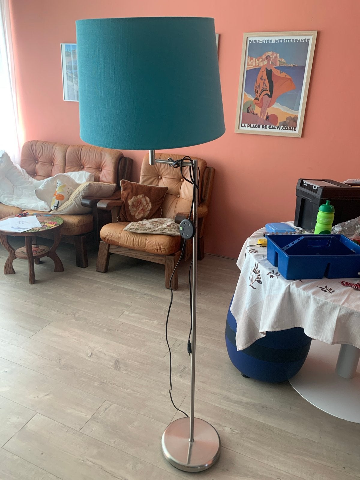 Staande lamp met blauwe kap, Huis en Inrichting, Ophalen of Verzenden, Gebruikt, Metaal, 150 tot 200 cm