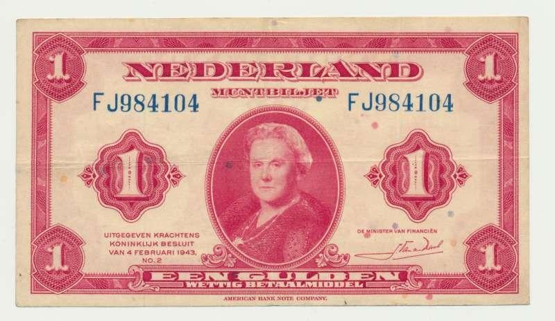 Nederland 1 Gulden 1943 Wilhelmina, Ophalen of Verzenden, 1 gulden, Los biljet