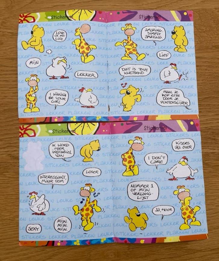 2 retro stickervellen giraffe/beer - Leendert Jan Vis, Verzamelen, Ophalen of Verzenden, Nieuw, Strip of Tekenfilm