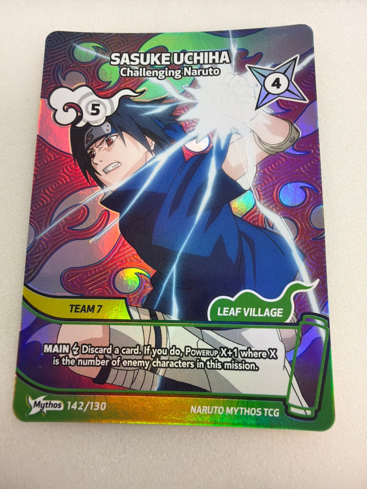 Naruto Mythos TCG Sasuke first edition, Ophalen of Verzenden, Zo goed als nieuw, Losse kaart, Foil