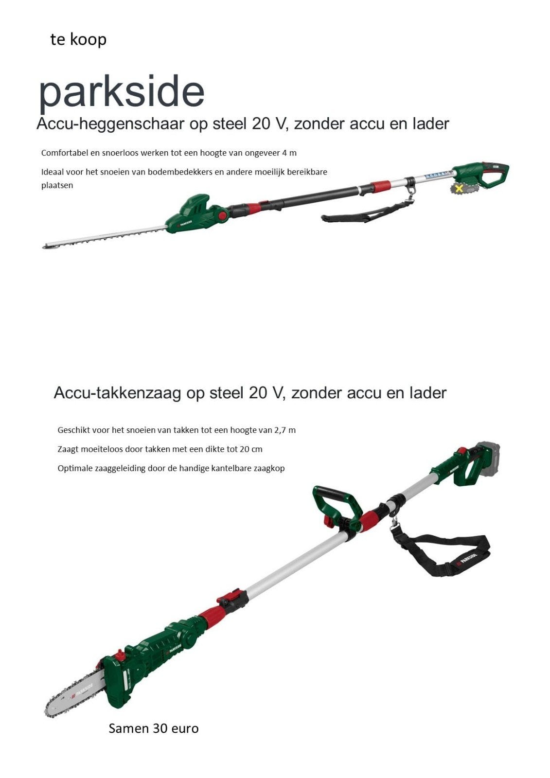 Parkside Accu-heggenschaar & Accu-takkenzaag op steel 20V, Tuin en Terras, Ophalen, Zo goed als nieuw, Accu, Parkside