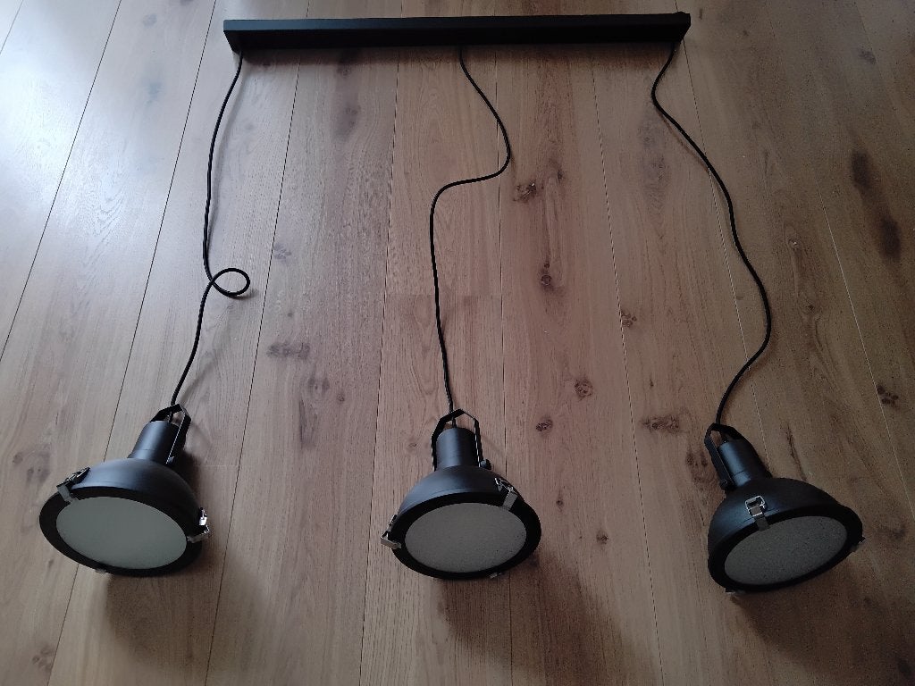 Zwarte Hanglamp, Ophalen, Zo goed als nieuw, Glas, Zwart gespoten staal