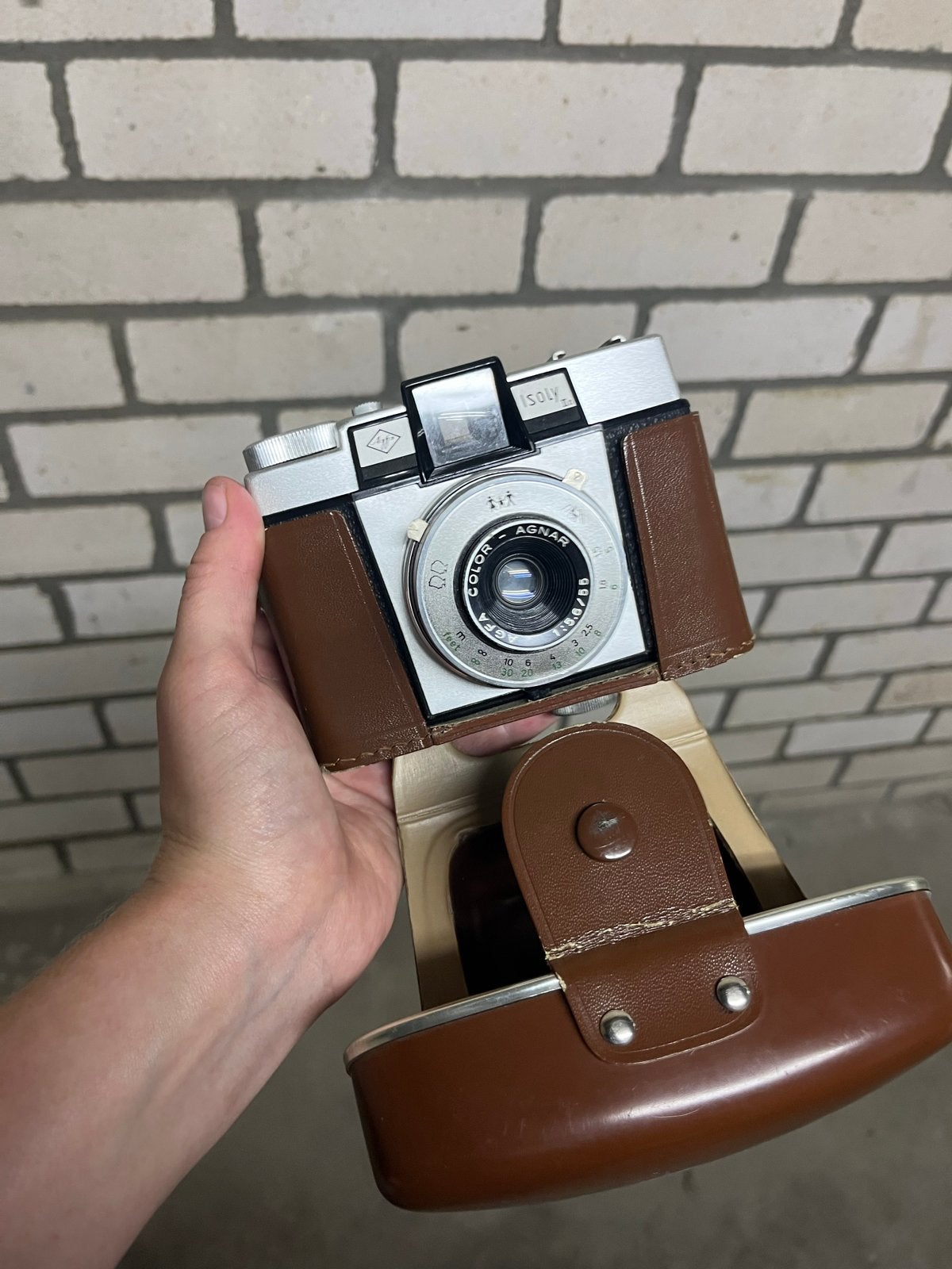 Vintage Agfa Isola II camera met leren tasje, Ophalen, Gebruikt, Compact, Overige Merken