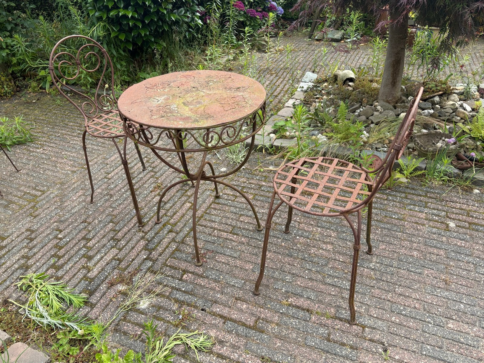 Vintage bistro set: tafel en 2 stoelen, smeedijzer, Ophalen, Gebruikt, Rond, Metaal
