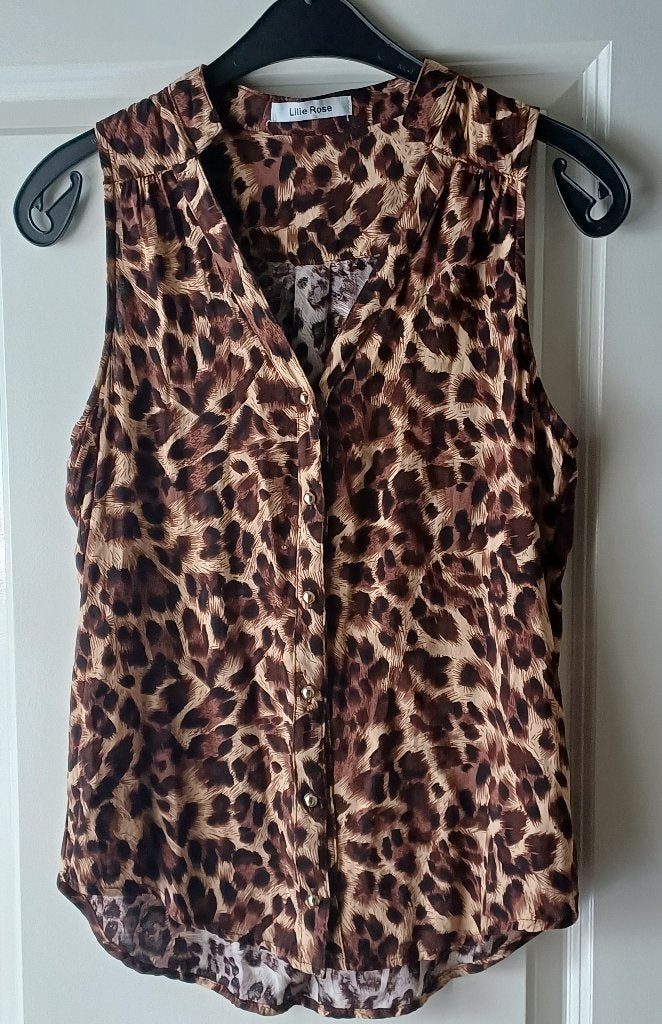 Mouwloze Blouse S M 36 38 Panter Print 100% katoen ( Jool ), Kleding | Dames, Bruin, Verzenden, Zo goed als nieuw, Maat 36 (S)
